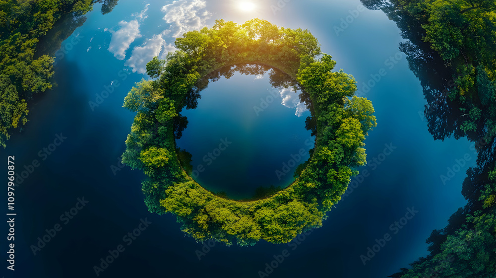 Fototapeta premium Aerial View Tiny Planet Lush Green Island Lake