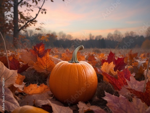 Serene Sunset Over a Pumpkin Patch with Glowing Orange Pumpkin Surrounded by Autumn Leaves and Soft Twilight Sky in Background. photo