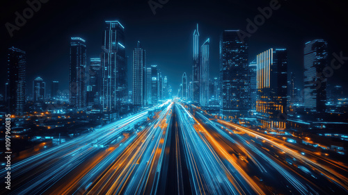 Urban skyline and bustling streets below