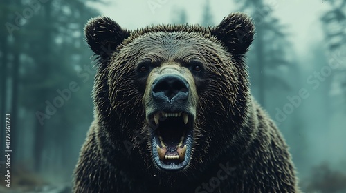 Fierce Grizzly Bear Mid Roar Powerful Teeth and Fur Bristling Against Misty Forest photo