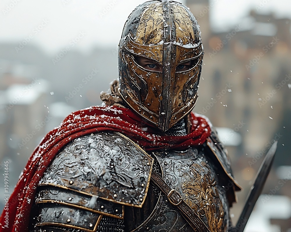 Courageous Knight in Shining Armor Stands Ready for Battle at Medieval Castle Courageous Knight in Shining Armor Stands Ready for Battle at Medieval Castle