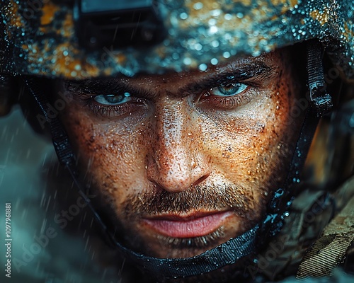 Fierce Military Commander s Stern Face in Tactical Helmet and Camouflage on Battlefield Background photo