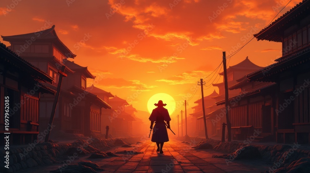 Fototapeta premium A Lone Samurai Amidst the Ruins