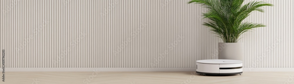 A sleek robotic vacuum sits on a wooden floor next to a potted plant, complemented by a textured wall, showcasing a modern and clean home environment. A sleek robotic vacuum sits on a wooden floor next to a potted plant, complemented by a textured wall, showcasing a modern and clean home environment.