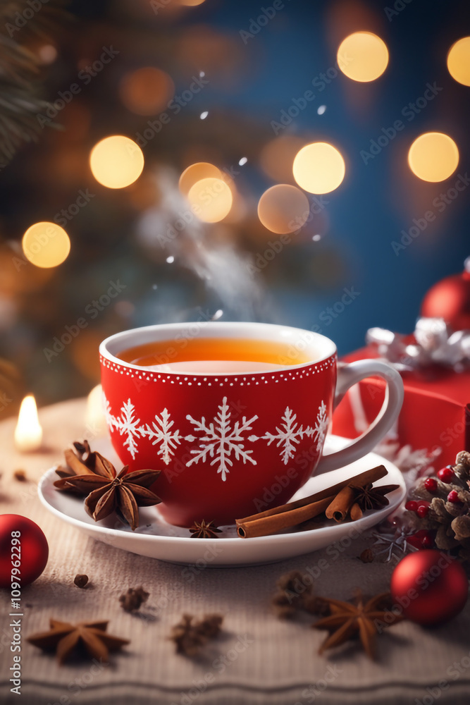 Fototapeta premium Christmas composition with a cup of tea spices on a knitted element christmas drink background