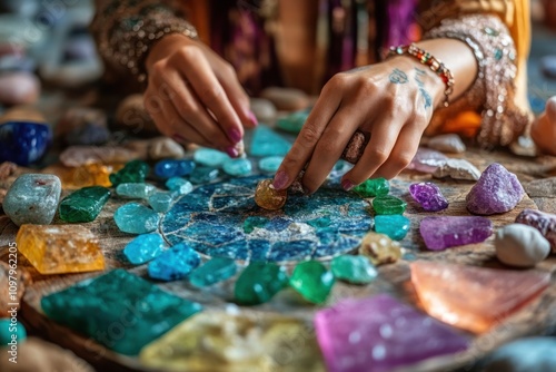 Crystal grid work arranging stones to amplify healing energy for specific intentions