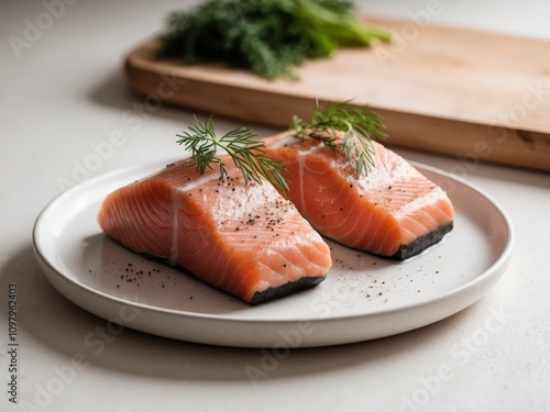 Raw Salmon Steaks with Dill and Black Pepper.