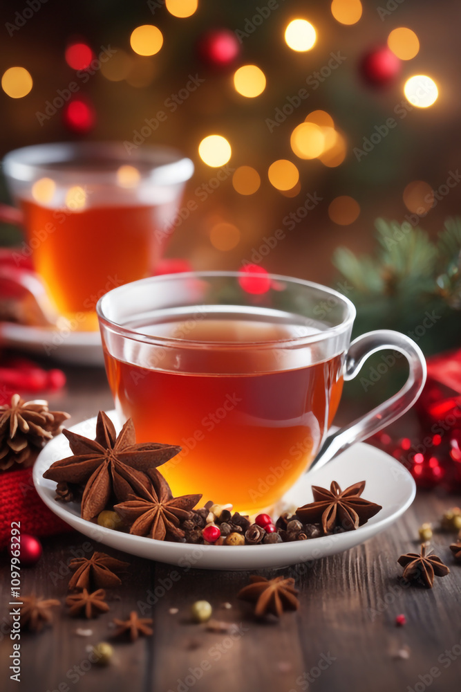 Christmas composition with a cup of tea spices on a knitted element christmas drink background