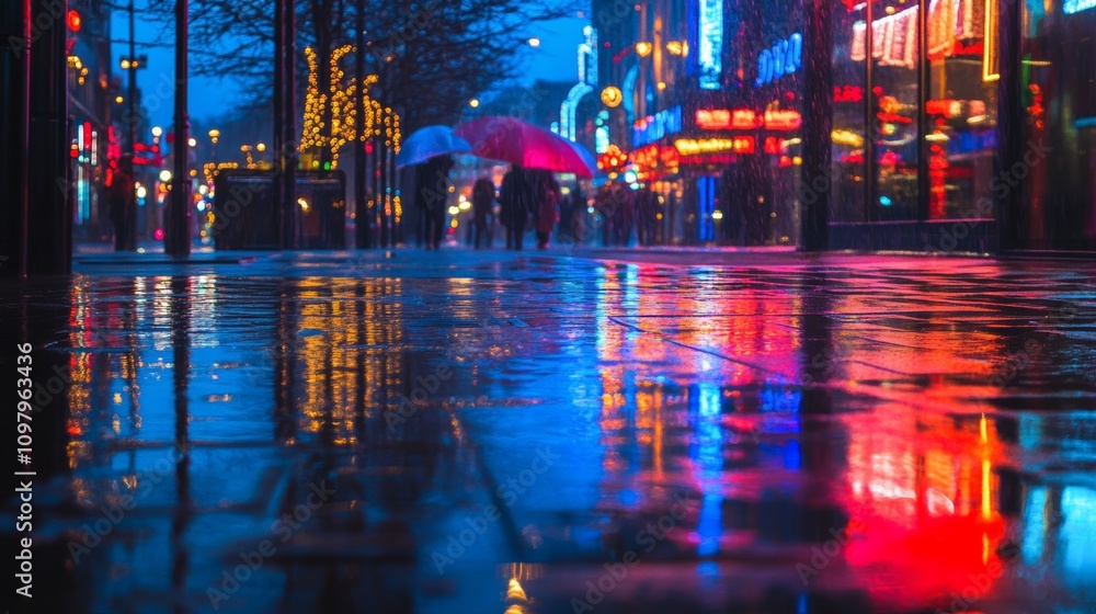 Rainy night cityscape with neon lights reflecting on wet streets Rainy night cityscape with neon lights reflecting on wet streets