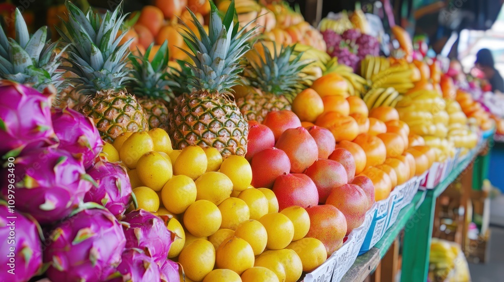 Tropical fruits like mangoes, pineapples, and dragon fruit, highlighting their juicy, vibrant colors Tropical fruits like mangoes, pineapples, and dragon fruit, highlighting their juicy, vibrant colors