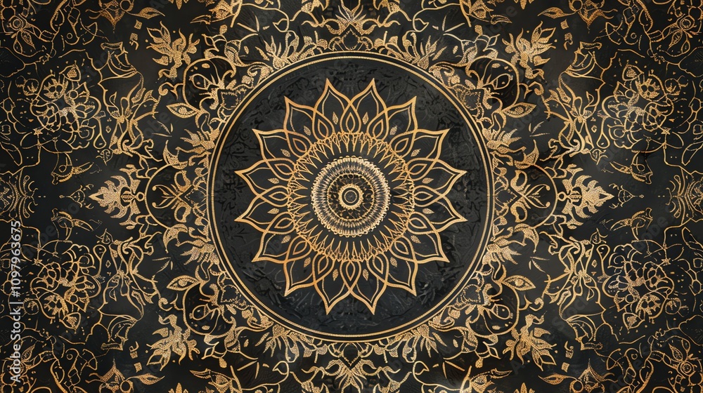 Naklejka premium A gold mandala on a black background.