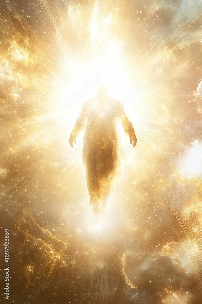 Fototapeta premium Radiant figure ascends, golden celestial glow.