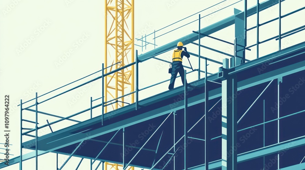 Naklejka premium Construction Worker on Steel Structure Illustration