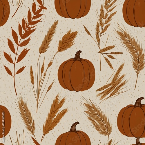 Seamless Thanksgiving Patterns Featuring Pumpkins, Wheat, and Rustic Autumn Designs, 300 DPI photo