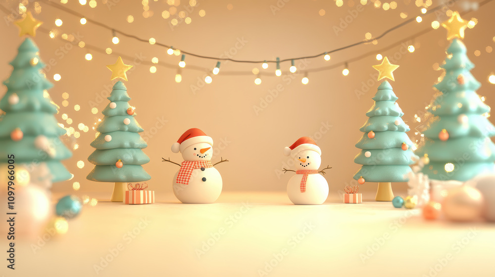 Obraz premium Vintage christmas frame with trees and snowmen on pastel background