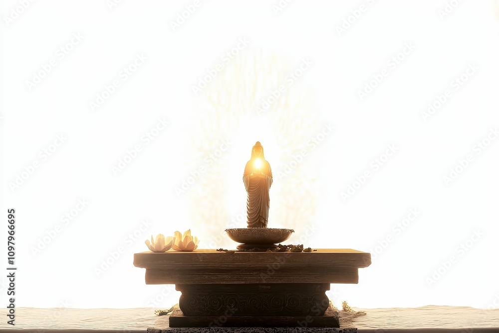 Silhouetted Buddha statue, altar, flowers, peaceful light. Silhouetted Buddha statue, altar, flowers, peaceful light.