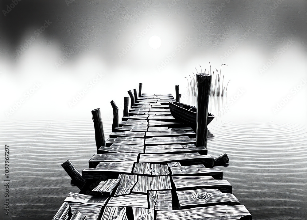 Obraz premium Tranquil wooden pier extending into misty waters at dawn with a small boat gently resting nearby