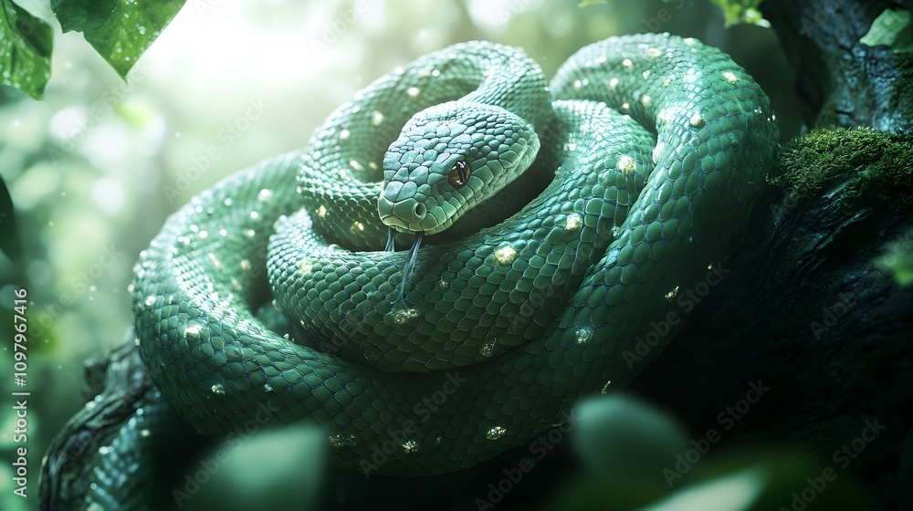 Fototapeta premium The Binding of the Dragon Ladon - snake, tree, wildlife, nature, animal, serpent, green snake, climbing snake, jungle, reptile, natural habitat, wildlife photography, tree snake