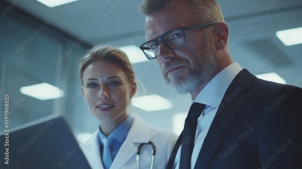 calm smiling businessman in square glasses with a doctor are standing in front of laptop in hospital looking into the screen, AI Generative calm smiling businessman in square glasses with a doctor are standing in front of laptop in hospital looking into the screen, AI Generative