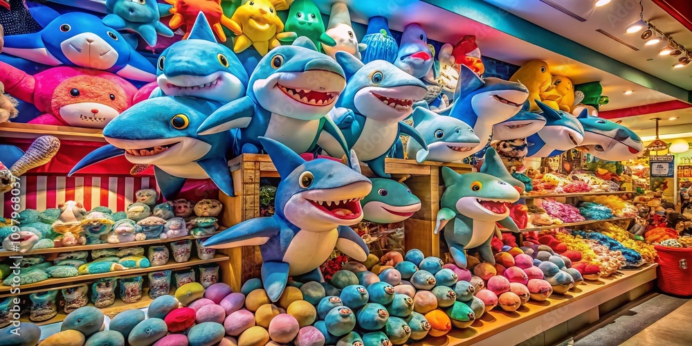 Obraz premium Soft Toy Shark Display: A Charming Urban Exploration of Colorful Plush Toys in a Whimsical Store Setting Filled with Joyful Childhood Memories and Nostalgic Vibes