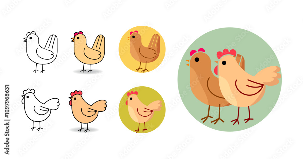 Fototapeta premium Set of chicken, hen simple line character flat style vector illustration. Isolated on white background.