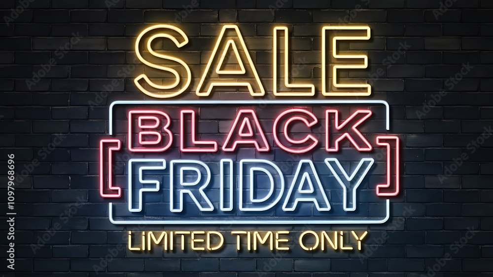 Fototapeta premium Stylish Black Friday Sale Design Featuring Neon Light Illustrations Glowing Brightly on a Classic Brick Wall Background, Perfect for Promotions
