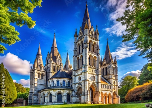 Spires of St Fin Barre's Cathedral in Cork: A Stunning Neo-Gothic Masterpiece Against a Cloudless Sky Showcasing Christian Architectural Beauty and Heritage in Ireland