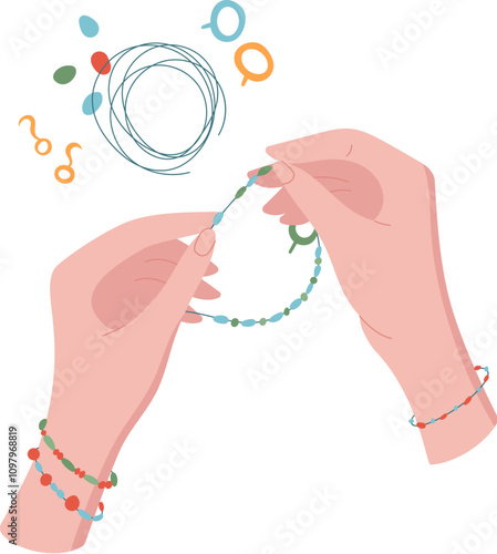 Hands making colorful bracelet with beads in a creative craft activity. Concept of DIY and hobby supplies, flat cartoon graphic style, suitable for workshops or children's classes.