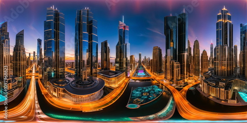 Full 360 degrees seamless spherical panorama HDRI equirectangular projection of A futuristic neon splashed metropolis. Texture environment map for lighting and reflection source rendering 3d scenes.	