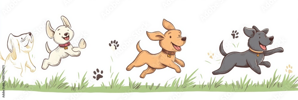 Naklejka premium Four doodle dogs of different breeds playfully run through a bright, green field, showcasing their joyful energy in a sunny setting. Generative AI