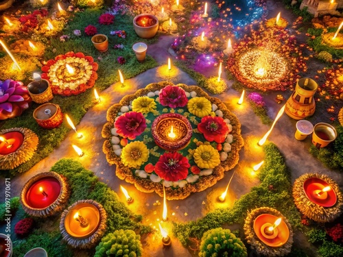 Stunning 4K Aerial View of Diwali Celebrations Featuring Burning Floral Diyas, Decorative Lights, Fireworks, and the Vibrant Atmosphere of the Hindu Festival of Lights photo