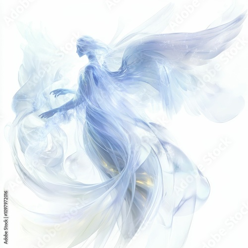 Angelic figure, flowing light, ethereal wings.