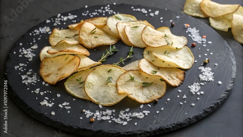 Crispy Jerusalem artichoke chips seasoned with herbs and salt, arranged on a dark slate plate. A healthy and gourmet snack with a rustic presentation, perfect for light snacking. photo