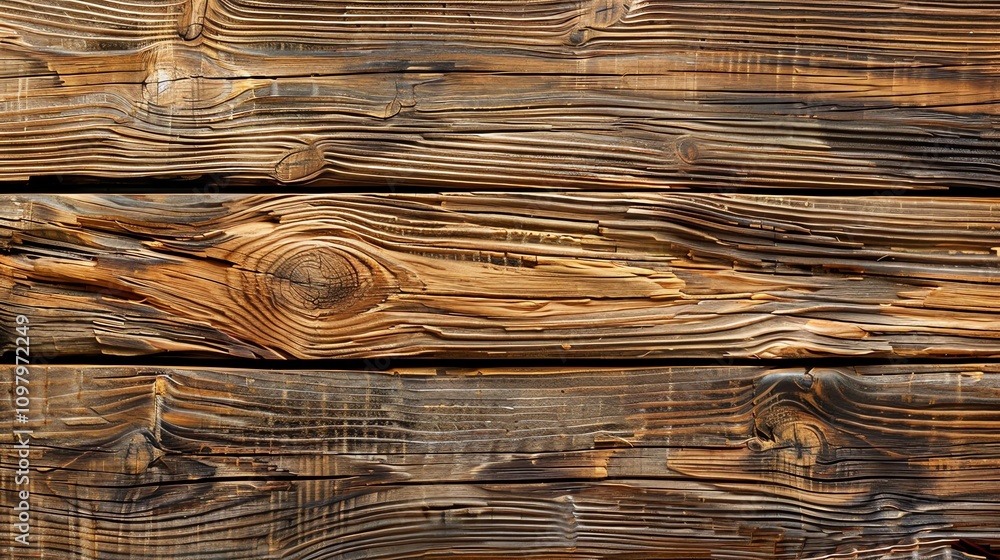 Fototapeta premium A close-up of weathered brown wood planks with knots and grain patterns.