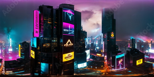 Full 360 degrees seamless spherical panorama HDRI equirectangular projection of A futuristic neon splashed metropolis. Texture environment map for lighting and reflection source rendering 3d scenes.	