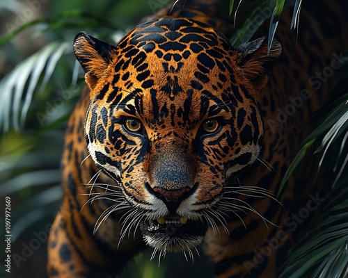 Fierce Jaguar s Face Muscles Tensed Fangs Visible Glowing Eyes Poised to Strike in Dark Jungle photo