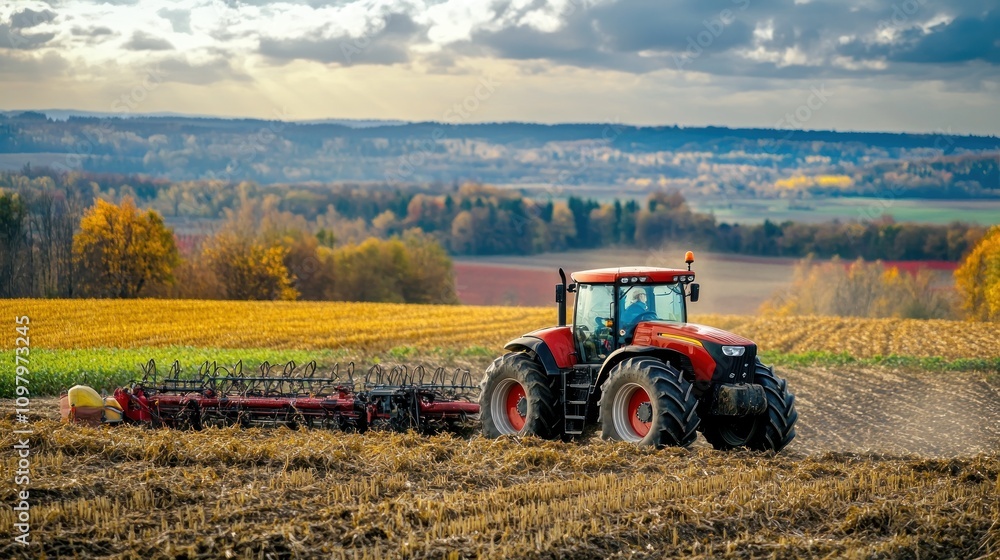 Obraz premium Red Tractor Working a Field