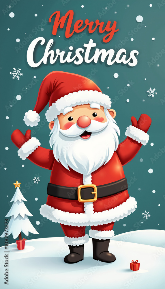 A cartoon Santa Claus stands on snow with presents and a Christmas tree near him, against a teal background with snowflakes and a A cartoon Santa Claus stands on snow with presents and a Christmas tree near him, against a teal background with snowflakes and a