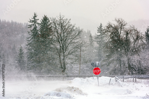 Road sign bends on the side of a road in a snowstorm. photo