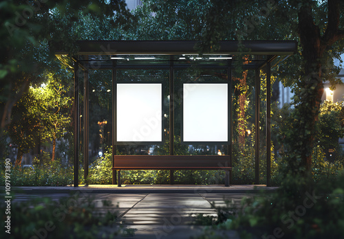 A mockup of two blank white posters on the glass walls of an urban bus stop.