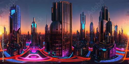 Full 360 degrees seamless spherical panorama HDRI equirectangular projection of A futuristic neon splashed metropolis. Texture environment map for lighting and reflection source rendering 3d scenes.	 photo