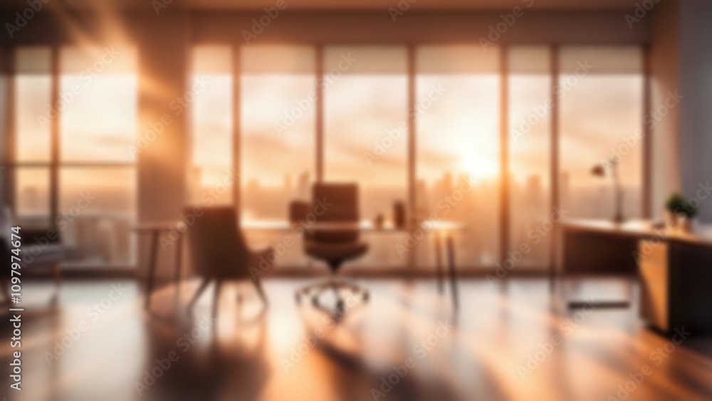 Fototapeta premium Blurred office room with large window bathed in the soft warm light of the sunset