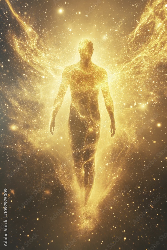 Fototapeta premium Golden figure emerges from cosmic dust.