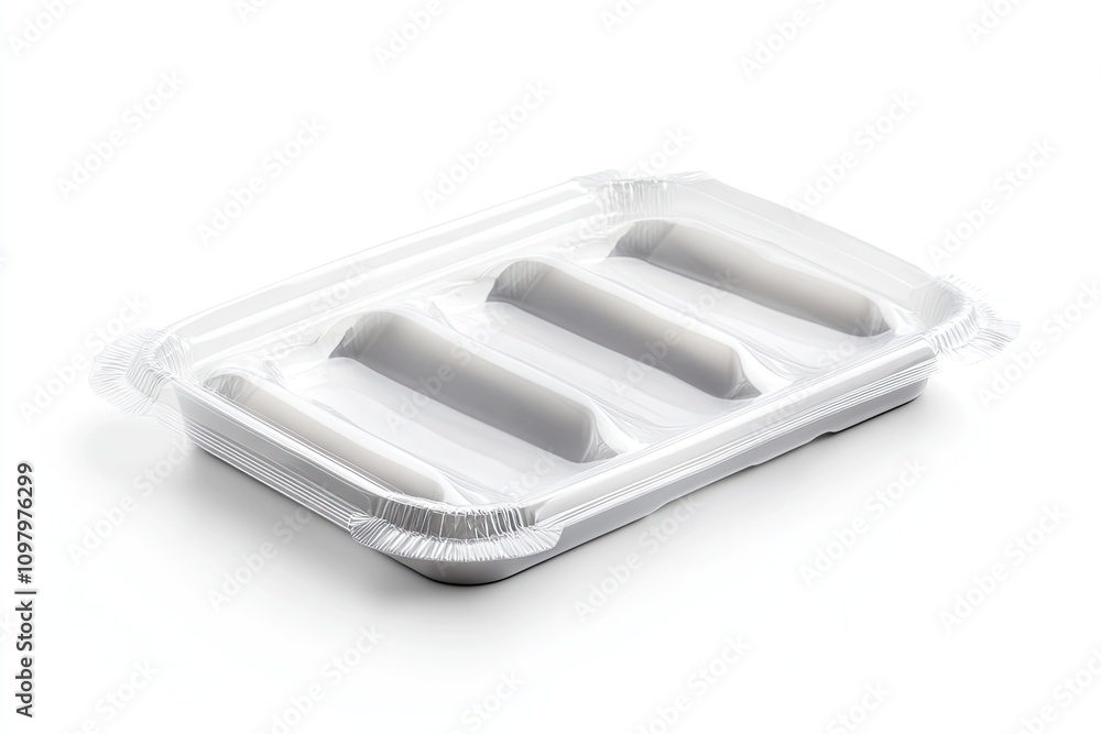 Thermoformed tray packaging with a vacuum-sealed film isolated on a white background Thermoformed tray packaging with a vacuum-sealed film isolated on a white background