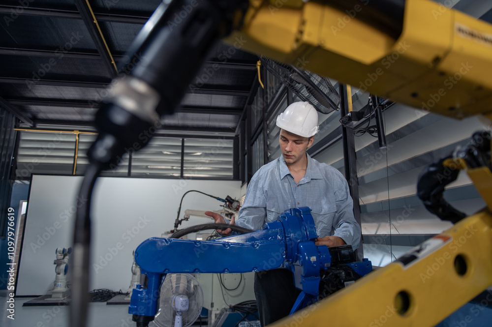 Engineer standing by robotic arm and operating machine in industry factory, technician worker check for repair maintenance electronic operation Engineer standing by robotic arm and operating machine in industry factory, technician worker check for repair maintenance electronic operation