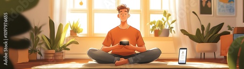 Man Meditates Holding Phone Peaceful Sunlight Room Plants photo