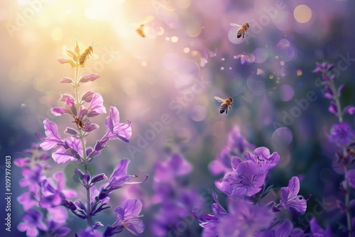 A close-up of bees in flight, focusing on their detailed bodies as they approach vibrant flowers.