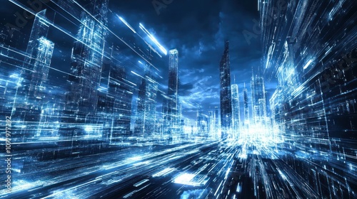 Futuristic Cityscape Digital Data Streams Flowing