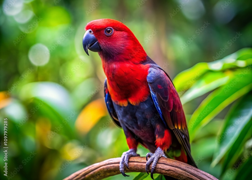 Obraz premium Stunning Portrait of a Vibrant Black and Red Parrot Perched on a Branch Amidst Lush Greenery Showcasing Its Colorful Feathers and Intricate Details in High Depth of Field
