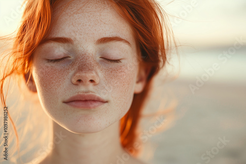 Young pretty redhead girl raising in the nature photo